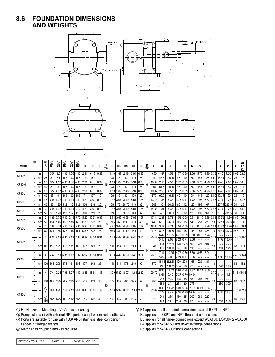 6 foundation dimensions and weights | Viking Pump TSM285: Classic+ Lobe Pump User Manual | Page 34 / 36