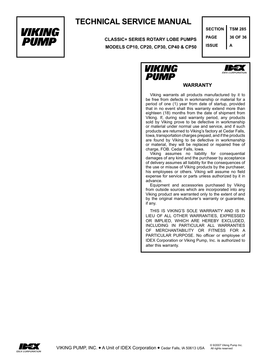 Technical service manual | Viking Pump TSM285: Classic+ Lobe Pump User Manual | Page 36 / 36