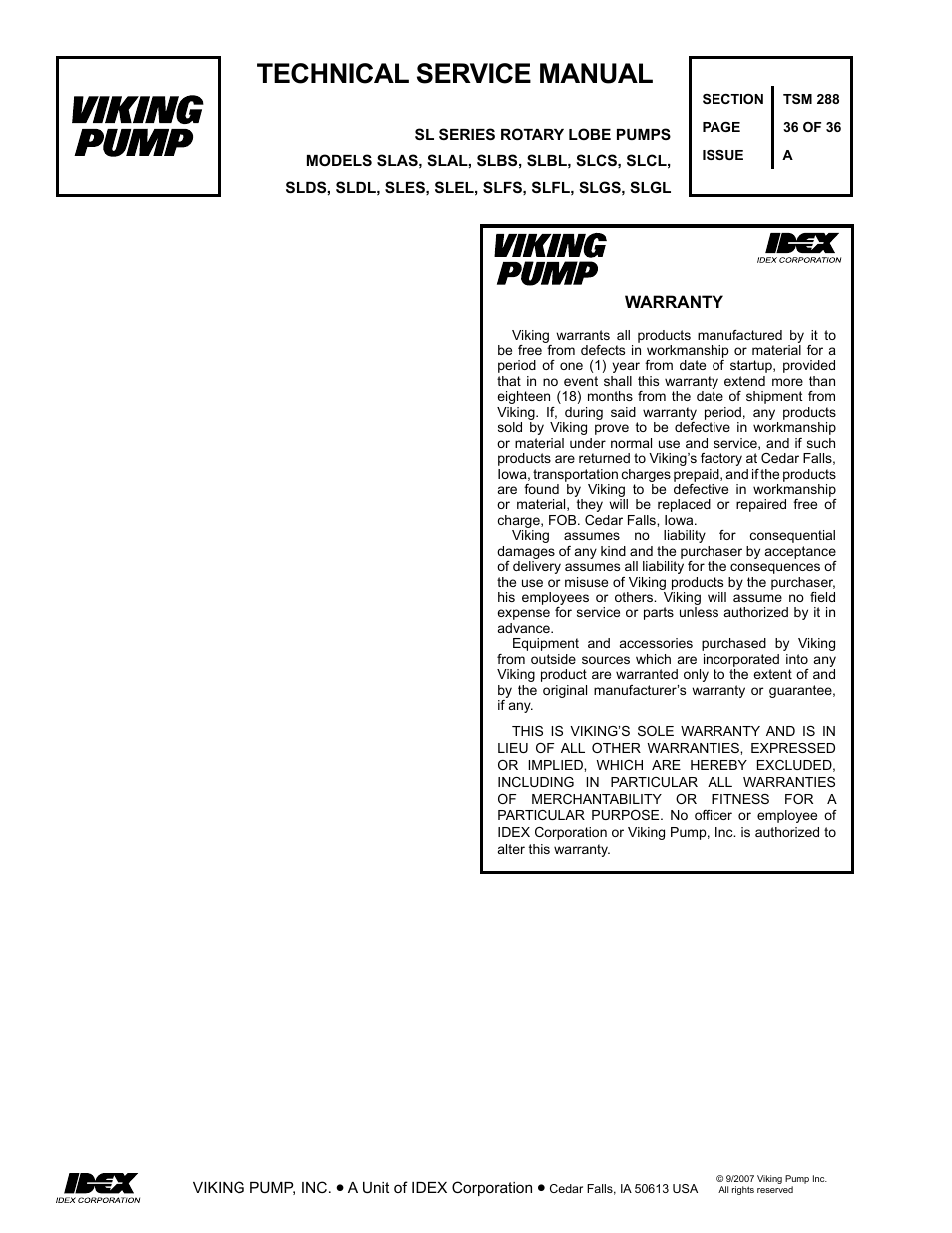 Technical service manual | Viking Pump TSM288: SL Series Lobe Pumps User Manual | Page 36 / 36