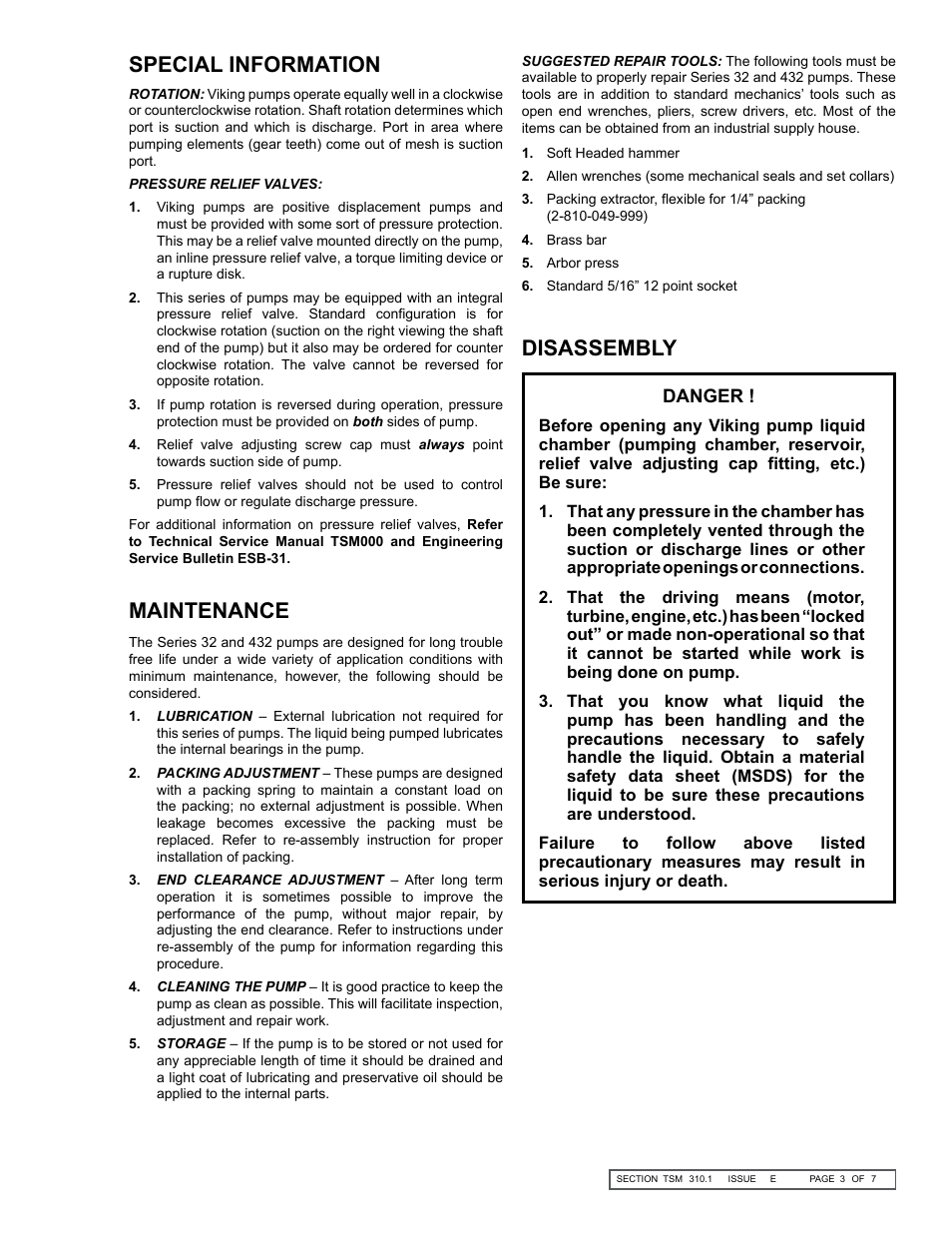 Special information maintenance, Disassembly | Viking Pump TSM310.1: C-FH 32/432 User Manual | Page 3 / 7