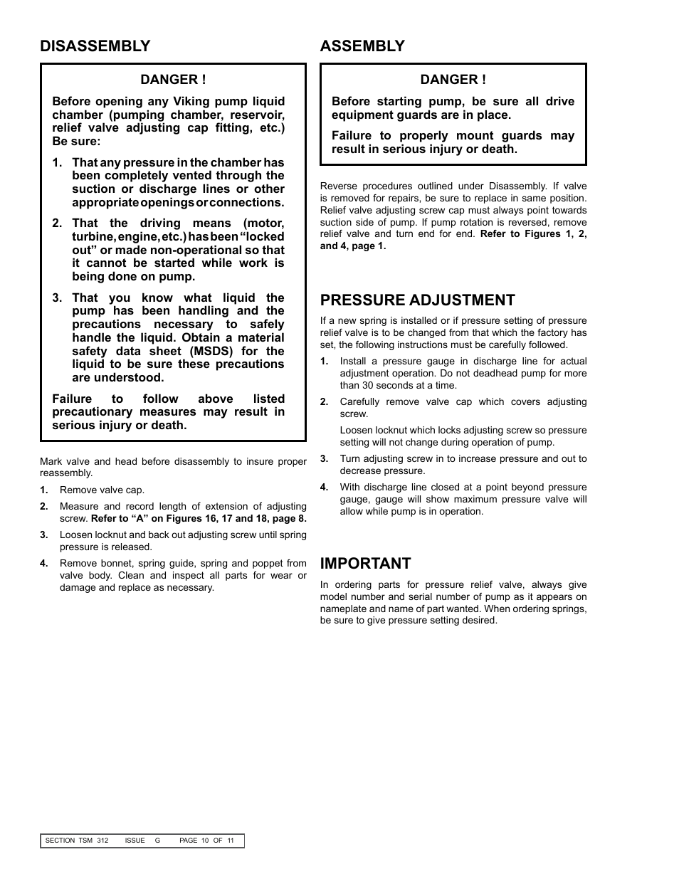 Assembly, Disassembly, Pressure adjustment important | Viking Pump TSM312: G-N 32/432 User Manual | Page 10 / 11