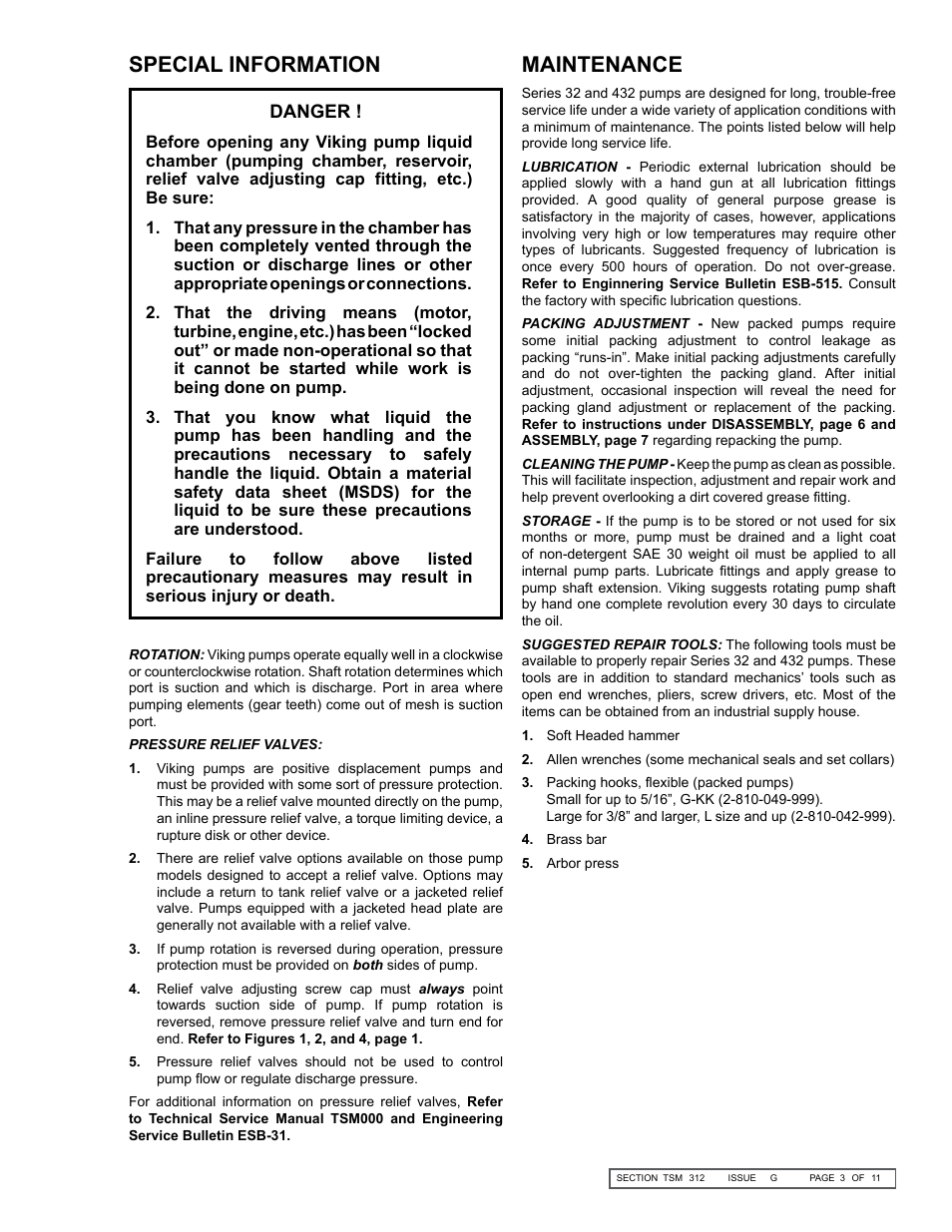 Maintenance, Special information | Viking Pump TSM312: G-N 32/432 User Manual | Page 3 / 11