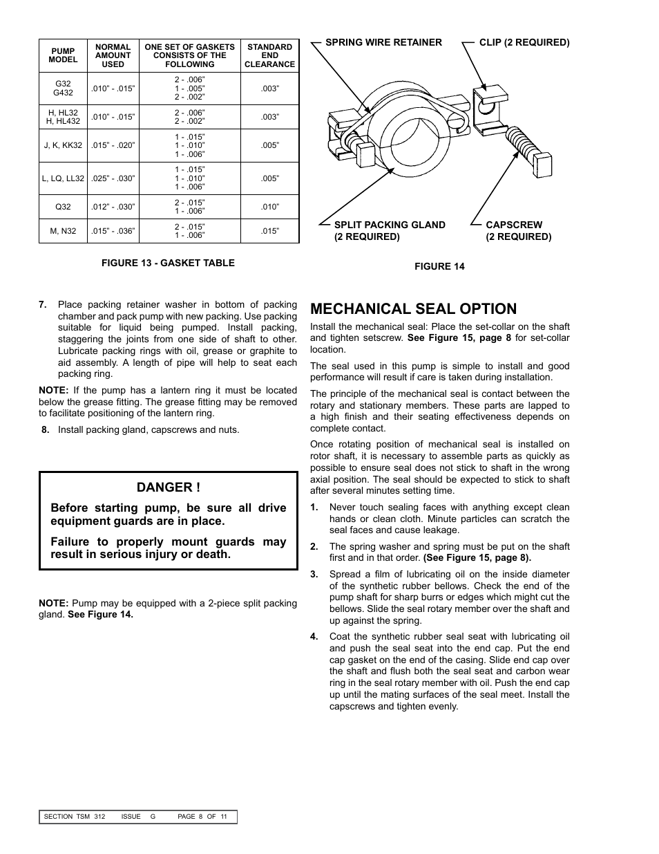 Mechanical seal option, Danger | Viking Pump TSM312: G-N 32/432 User Manual | Page 8 / 11