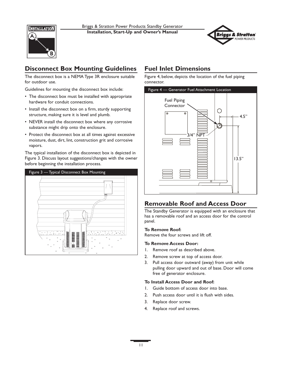 Disconnect box mounting guidelines, Fuel inlet dimensions, Removable roof and access door | Briggs & Stratton 01897-0 User Manual | Page 11 / 84