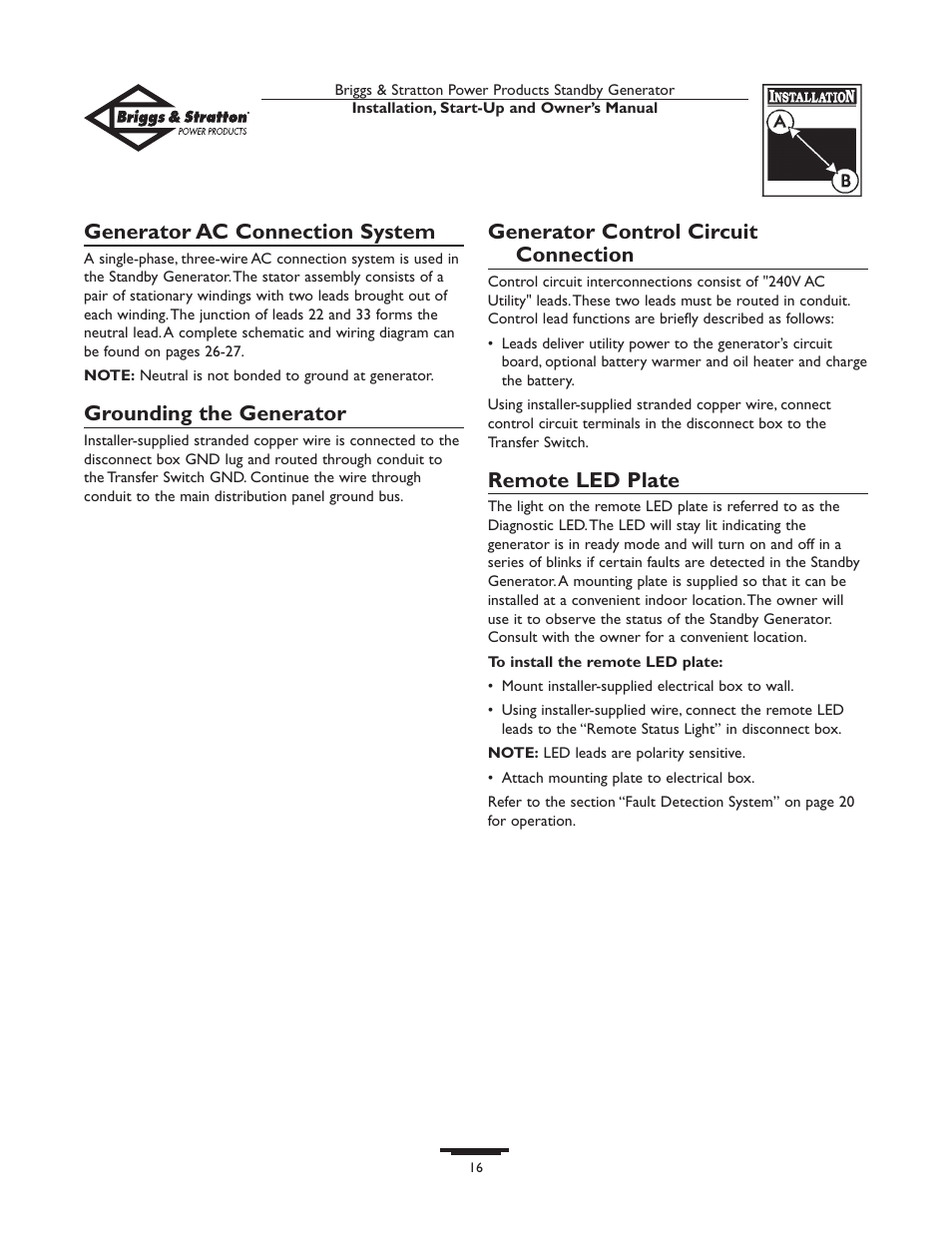 Generator ac connection system, Grounding the generator, Generator control circuit connection | Remote led plate | Briggs & Stratton 01897-0 User Manual | Page 16 / 84