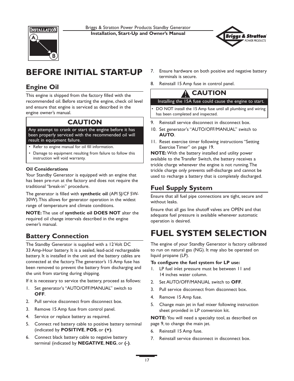 Setting exercise timer, Generator maintenanc, Generator maintenance | Before initial start-up, Fuel system selection, Engine oil, Battery connection, Fuel supply system, Caution | Briggs & Stratton 01897-0 User Manual | Page 17 / 84