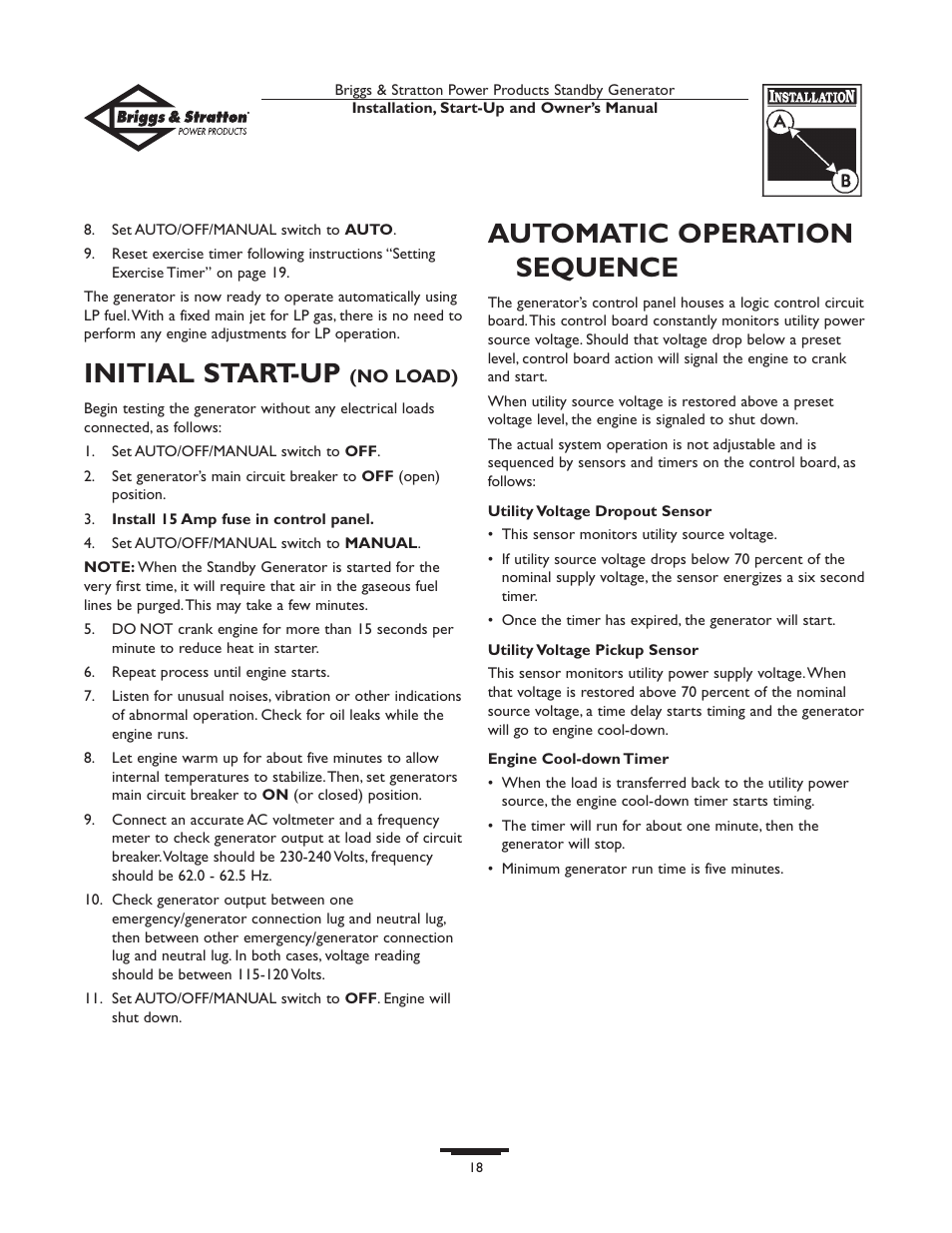Fuel system selectio, Fuel system selection -18, Initial start-up | Automatic operation sequence | Briggs & Stratton 01897-0 User Manual | Page 18 / 84