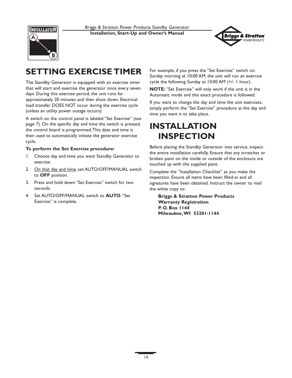 Installation inspection, Setting exercise timer | Briggs & Stratton 01897-0 User Manual | Page 19 / 84