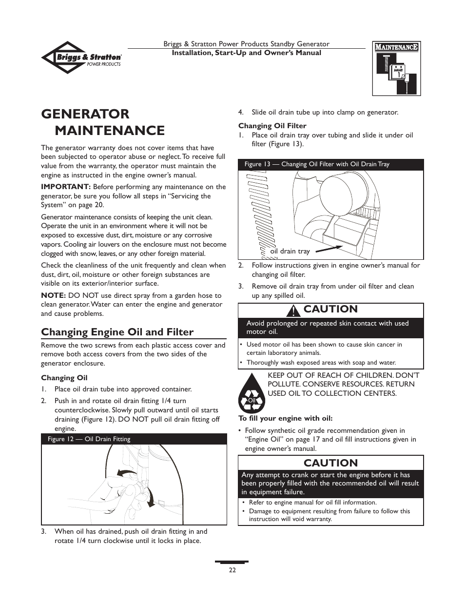 New list, Genera tor maintenance, Changing engine oil and filter | Caution | Briggs & Stratton 01897-0 User Manual | Page 22 / 84