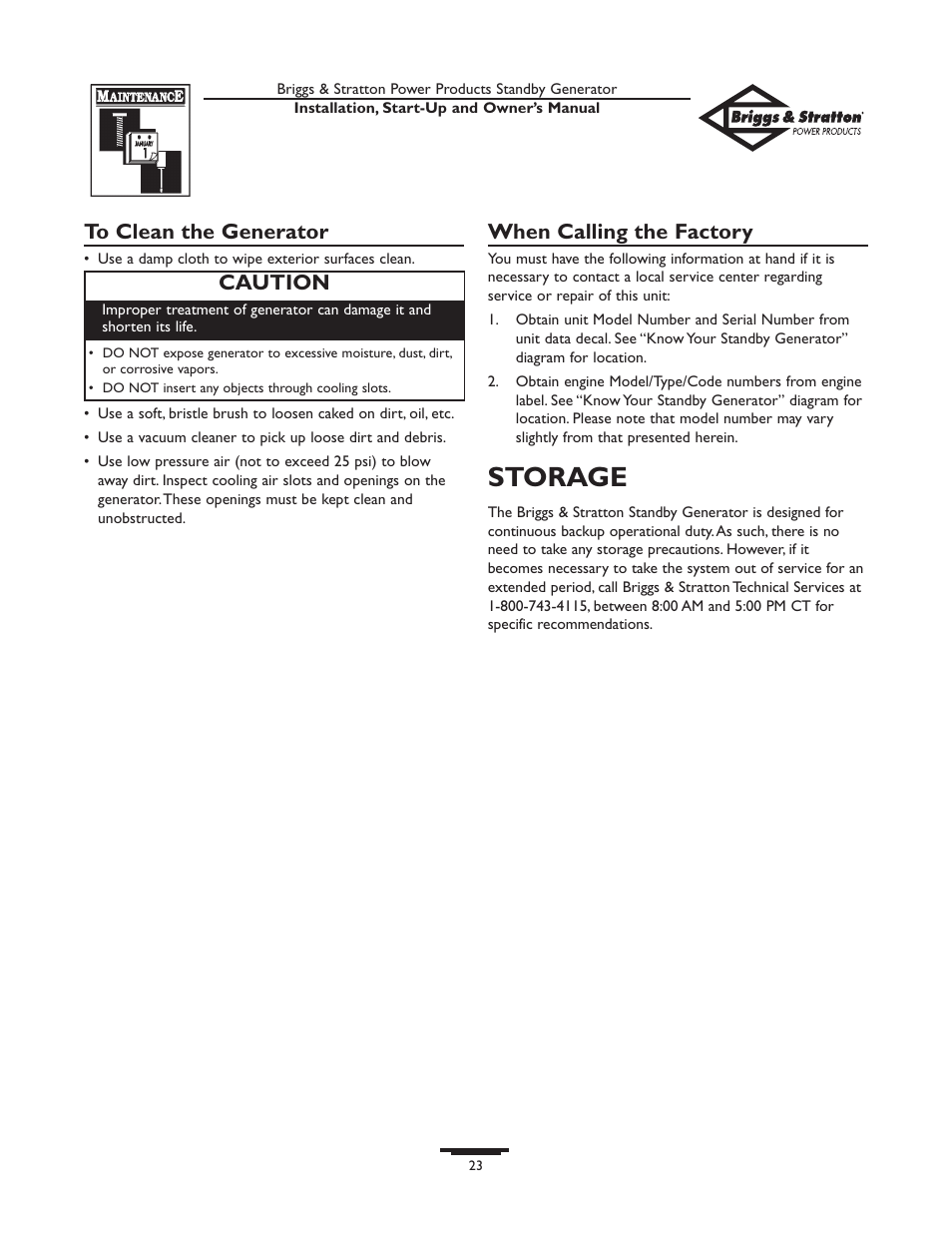 Storage, When calling the factory, Caution | Briggs & Stratton 01897-0 User Manual | Page 23 / 84