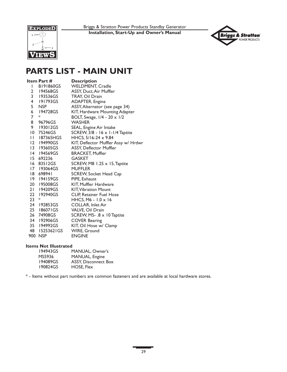 Parts list - main unit | Briggs & Stratton 01897-0 User Manual | Page 29 / 84