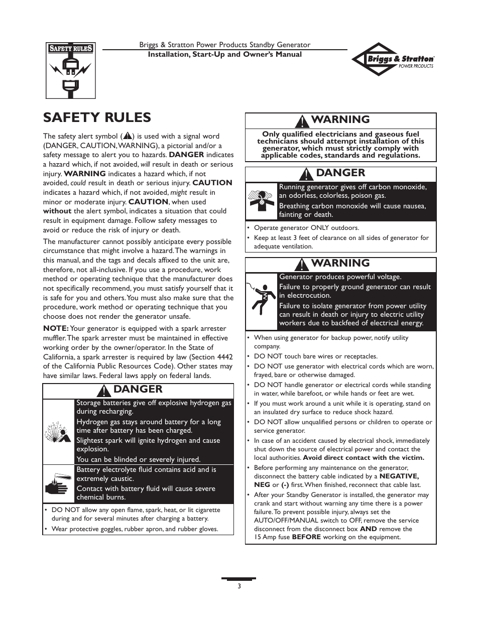 Safety rules, Safety rules -4, Danger | Warning | Briggs & Stratton 01897-0 User Manual | Page 3 / 84
