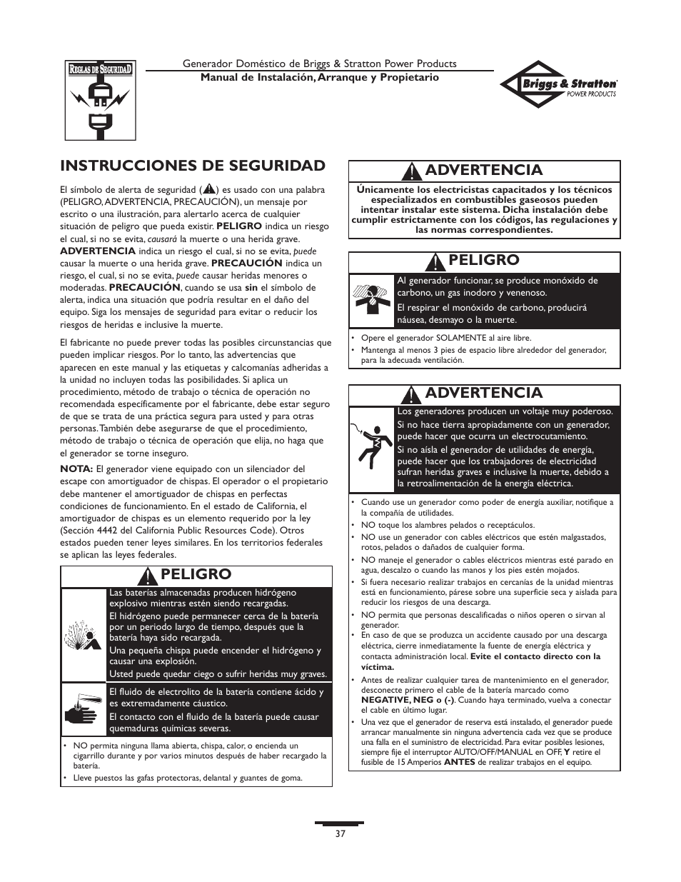 Instrucciones de seguridad, Advertencia, Peligro | Briggs & Stratton 01897-0 User Manual | Page 37 / 84