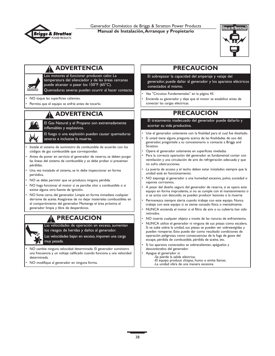 Advertencia, Precaución | Briggs & Stratton 01897-0 User Manual | Page 38 / 84