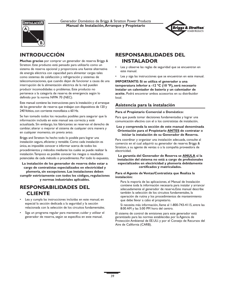 Introducción, Responsabilidades del cliente, Responsabilidades del instalador | Briggs & Stratton 01897-0 User Manual | Page 39 / 84