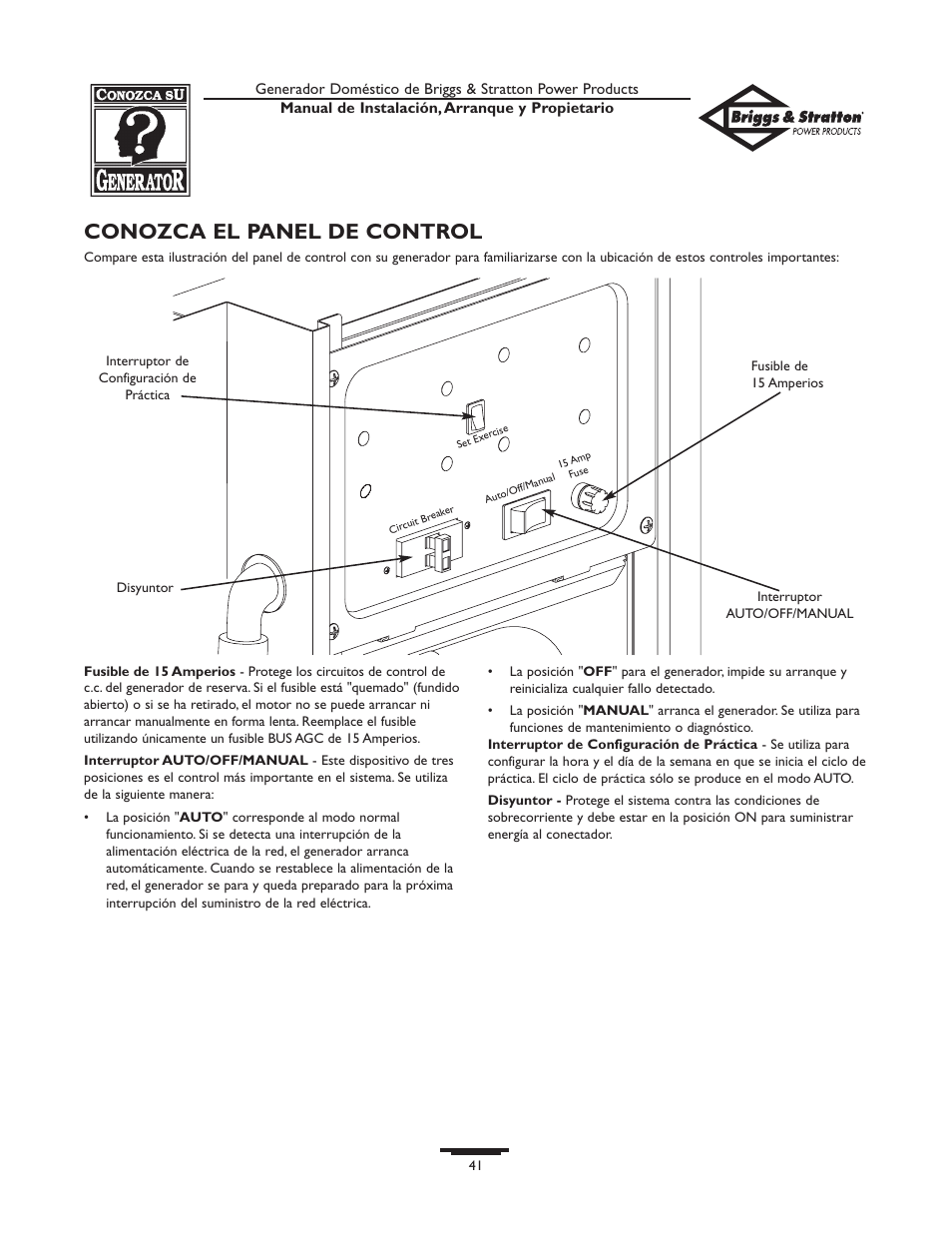 Conozca el panel de control | Briggs & Stratton 01897-0 User Manual | Page 41 / 84