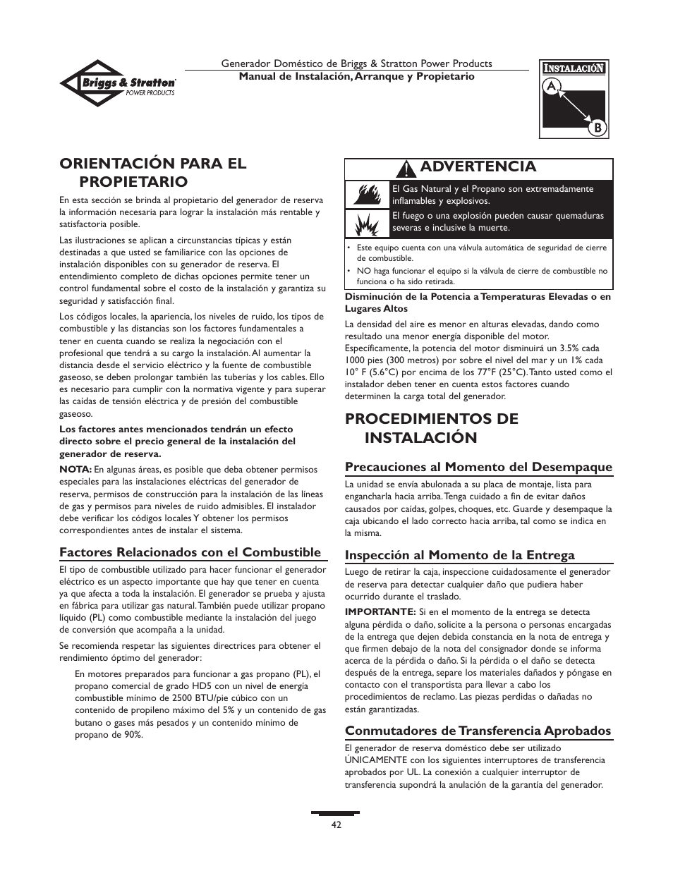 Orientación para el propietario, Procedimientos de instalación, Advertencia | Briggs & Stratton 01897-0 User Manual | Page 42 / 84