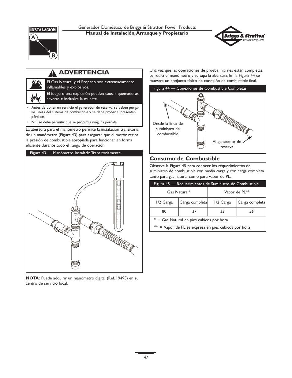 Advertencia, Consumo de combustible | Briggs & Stratton 01897-0 User Manual | Page 47 / 84