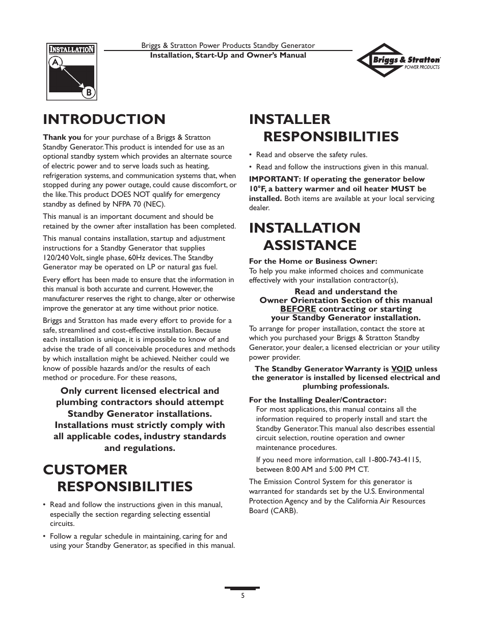 Introduction, Customer responsibilities, Installer responsibilities | Installation assistance | Briggs & Stratton 01897-0 User Manual | Page 5 / 84