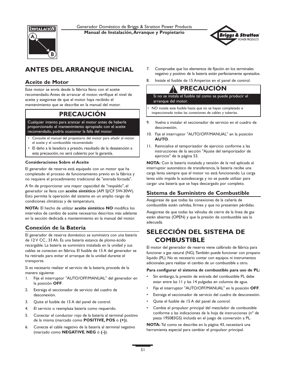 Antes del arranque inicial, Selección del sistema de combustible, Precaución | Briggs & Stratton 01897-0 User Manual | Page 51 / 84