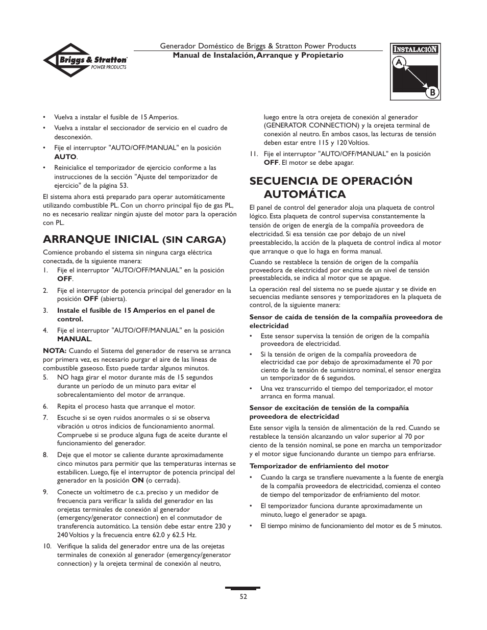 Arranque inicial, Secuencia de operación automática, Sin carga) | Briggs & Stratton 01897-0 User Manual | Page 52 / 84