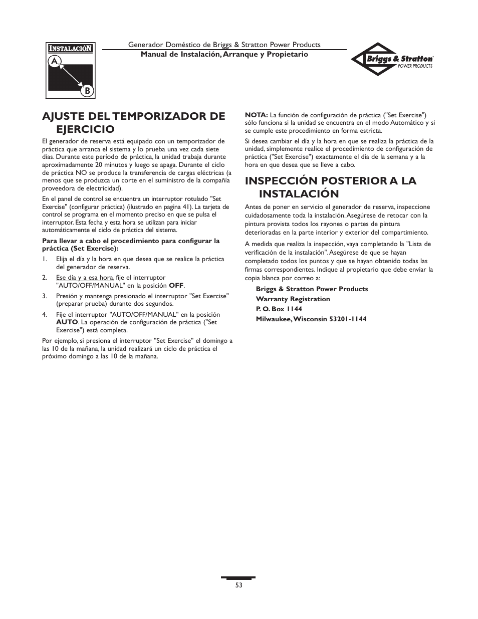 Ajuste del temporizador de ejercicio, Inspección posterior a la instalación | Briggs & Stratton 01897-0 User Manual | Page 53 / 84