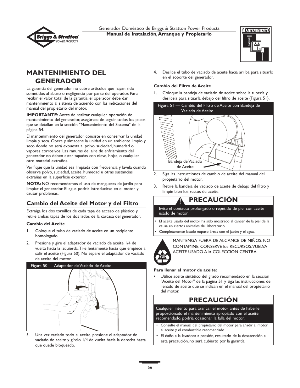 Mantenimiento del generador, Precaución, Cambio del aceite del motor y del filtro | Briggs & Stratton 01897-0 User Manual | Page 56 / 84