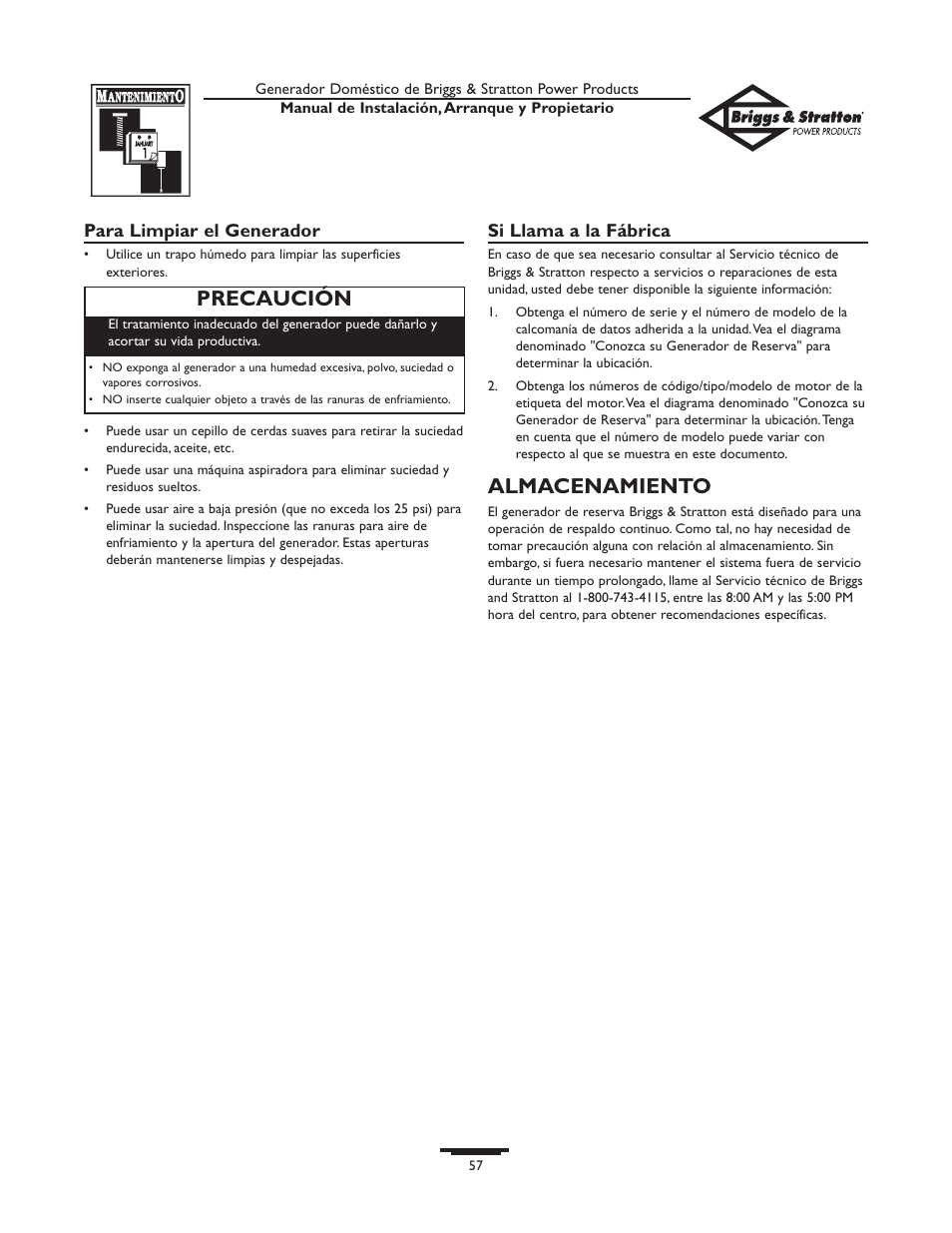 Almacenamiento, Precaución | Briggs & Stratton 01897-0 User Manual | Page 57 / 84