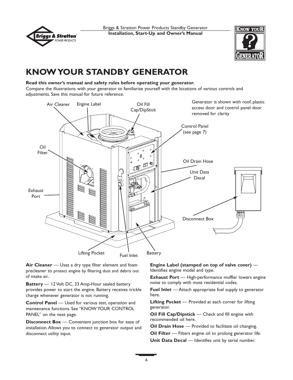 Access door, Know your standby generator | Briggs & Stratton 01897-0 User Manual | Page 6 / 84