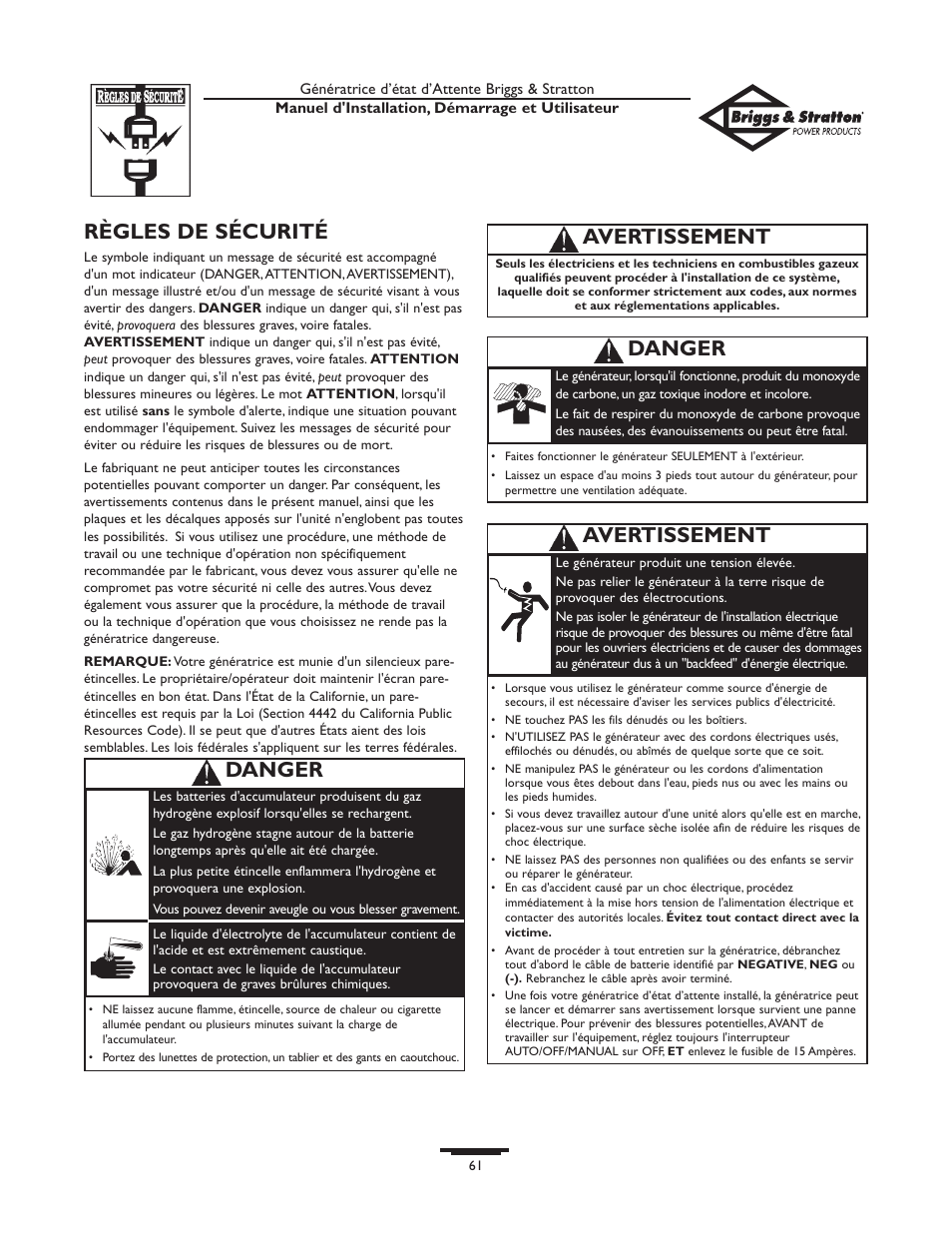 Règles de sécurité, Avertissement, Danger | Briggs & Stratton 01897-0 User Manual | Page 61 / 84