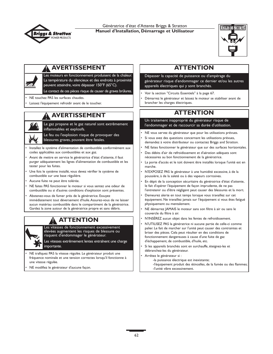 Avertissement, Attention | Briggs & Stratton 01897-0 User Manual | Page 62 / 84