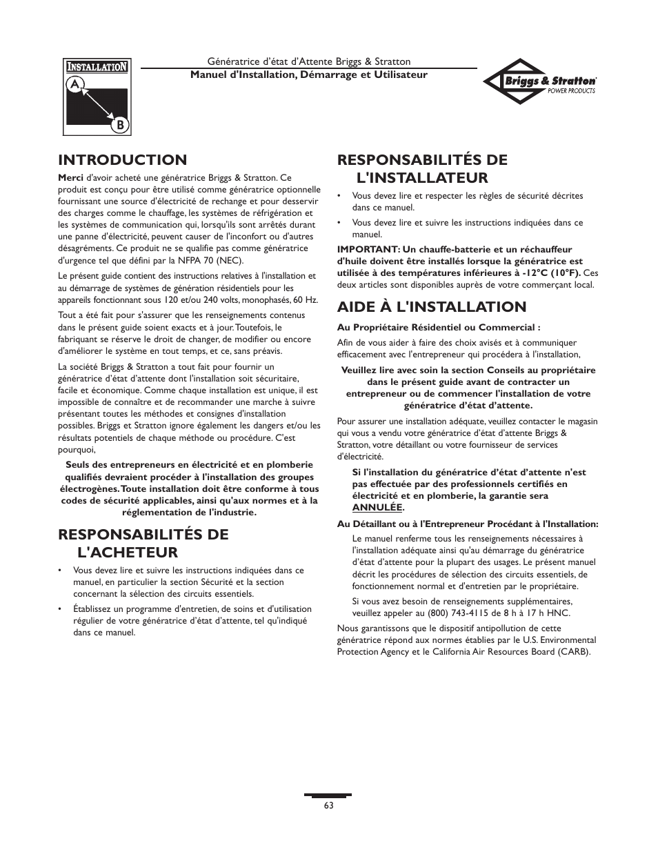 Introduction, Responsabilités de l'acheteur, Responsabilités de l'installateur | Aide à l'installation | Briggs & Stratton 01897-0 User Manual | Page 63 / 84