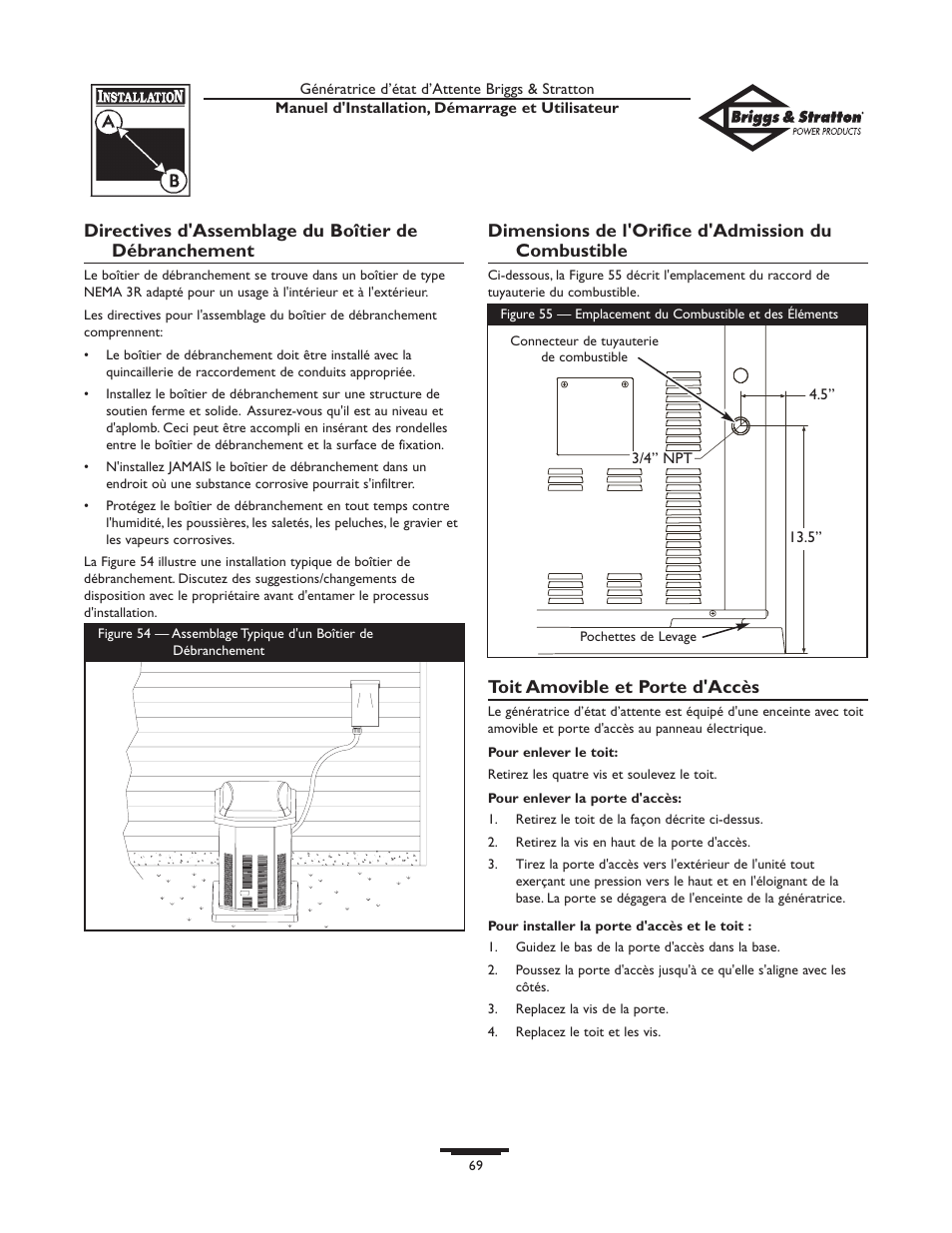 Dimensions de l'orifice d'admission du combustible, Toit amovible et porte d'accès | Briggs & Stratton 01897-0 User Manual | Page 69 / 84