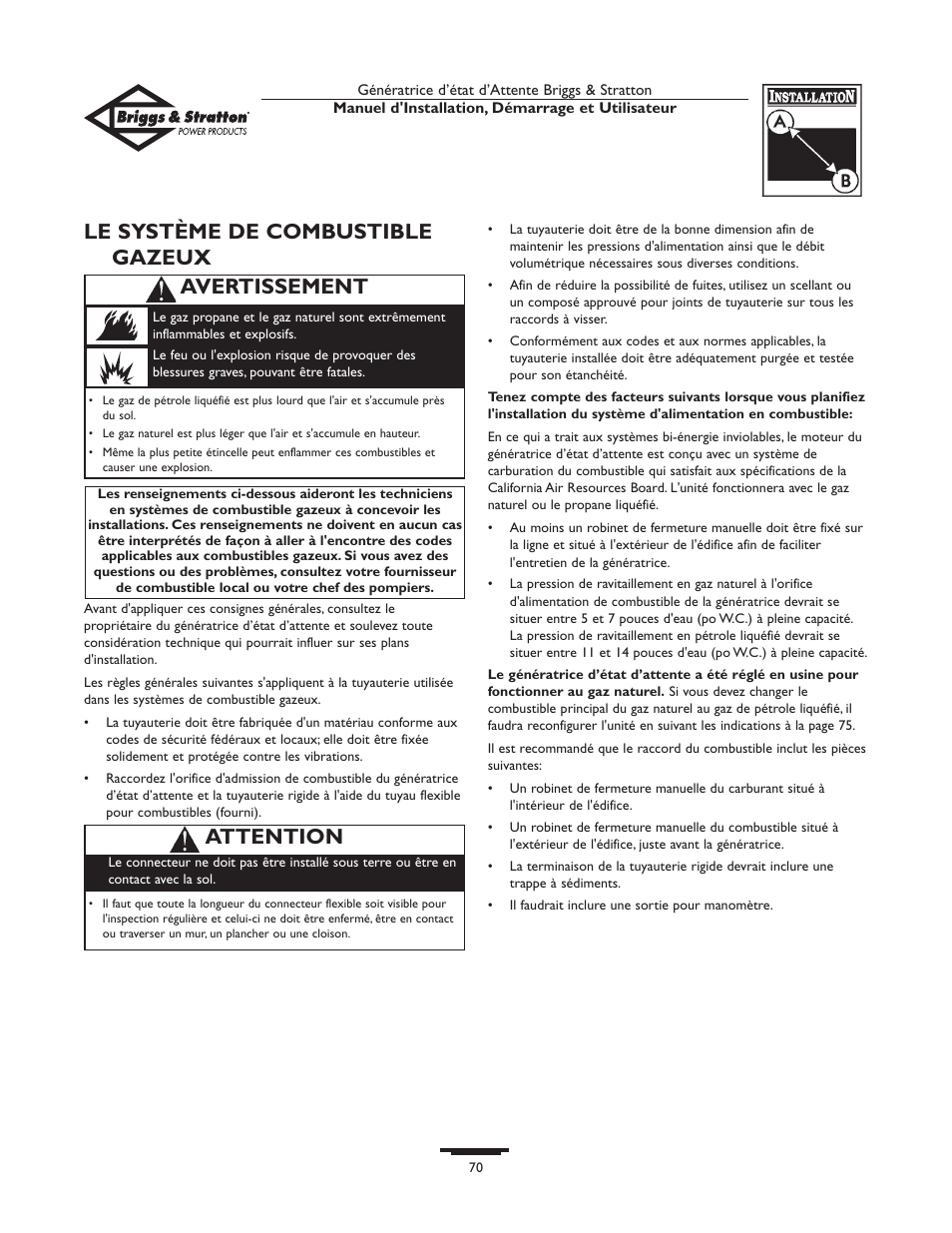 Le système de combustible gazeux, Avertissement, Attention | Briggs & Stratton 01897-0 User Manual | Page 70 / 84