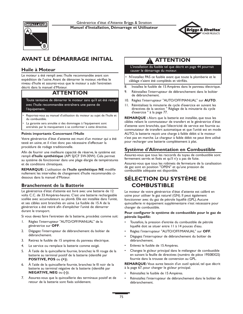 Avant le démarrage initial, Sélection du système de combustible, Attention | Briggs & Stratton 01897-0 User Manual | Page 75 / 84