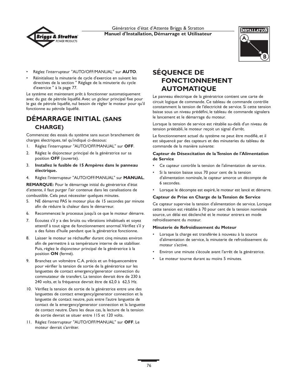 Démarrage initial, Séquence de fonctionnement automatique | Briggs & Stratton 01897-0 User Manual | Page 76 / 84