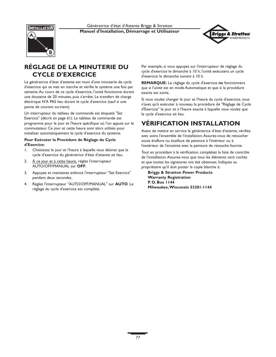 Réglage de la minuterie du cycle d'exercice, Vérification installation | Briggs & Stratton 01897-0 User Manual | Page 77 / 84