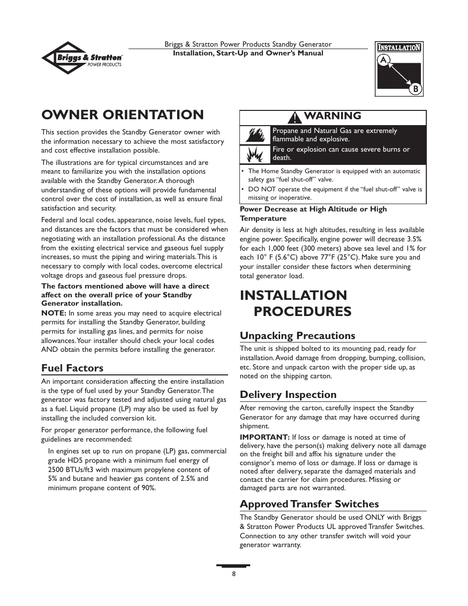 Owner orientation, Installation procedures, Fuel factors | Unpacking precautions, Delivery inspection, Approved transfer switches, Warning | Briggs & Stratton 01897-0 User Manual | Page 8 / 84