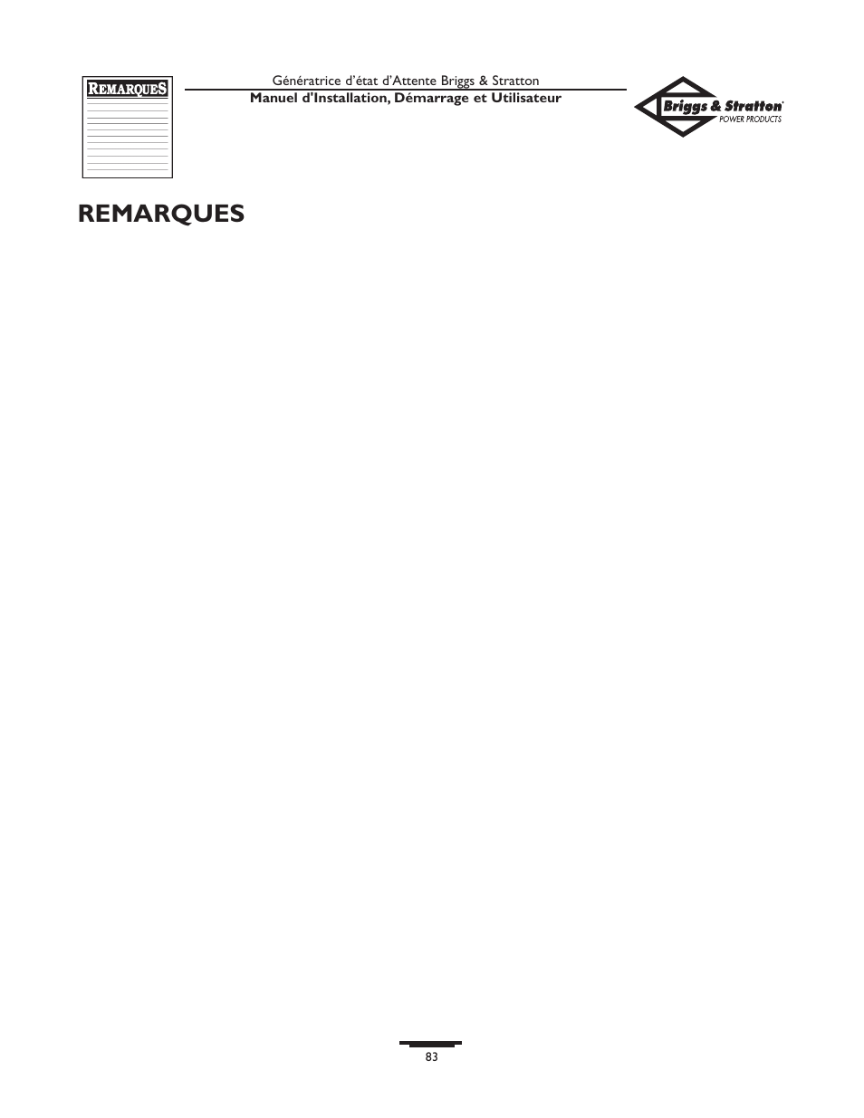 Remarques | Briggs & Stratton 01897-0 User Manual | Page 83 / 84