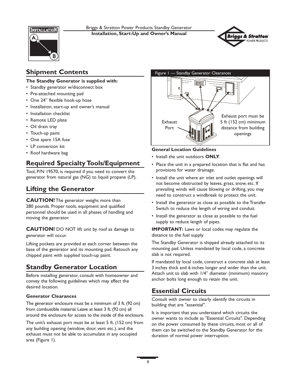 Shipment contents, Required specialty tools/equipment, Lifting the generator | Standby generator location, Essential circuits | Briggs & Stratton 01897-0 User Manual | Page 9 / 84