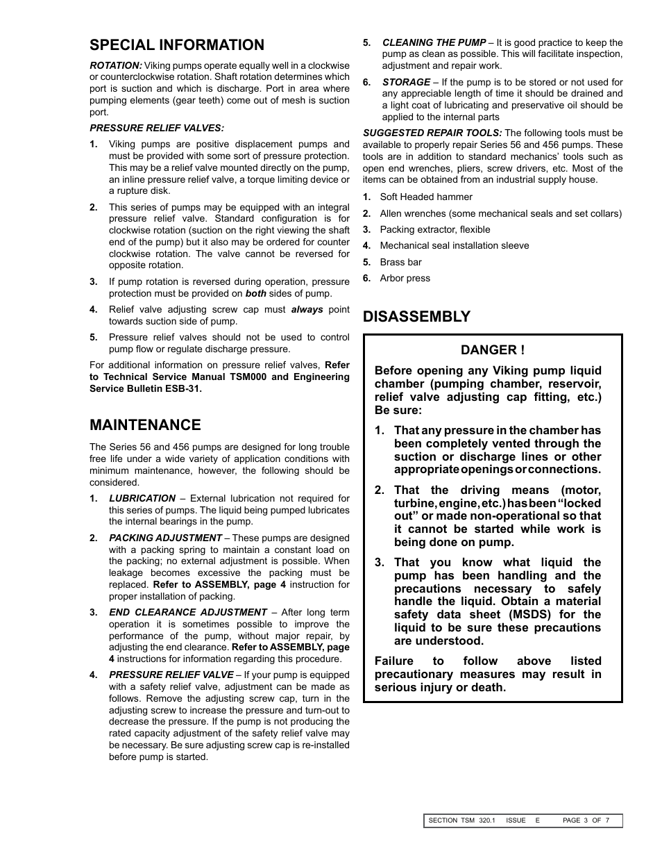 Special information maintenance, Disassembly | Viking Pump TSM320.1: C-FH 56/456 User Manual | Page 3 / 7