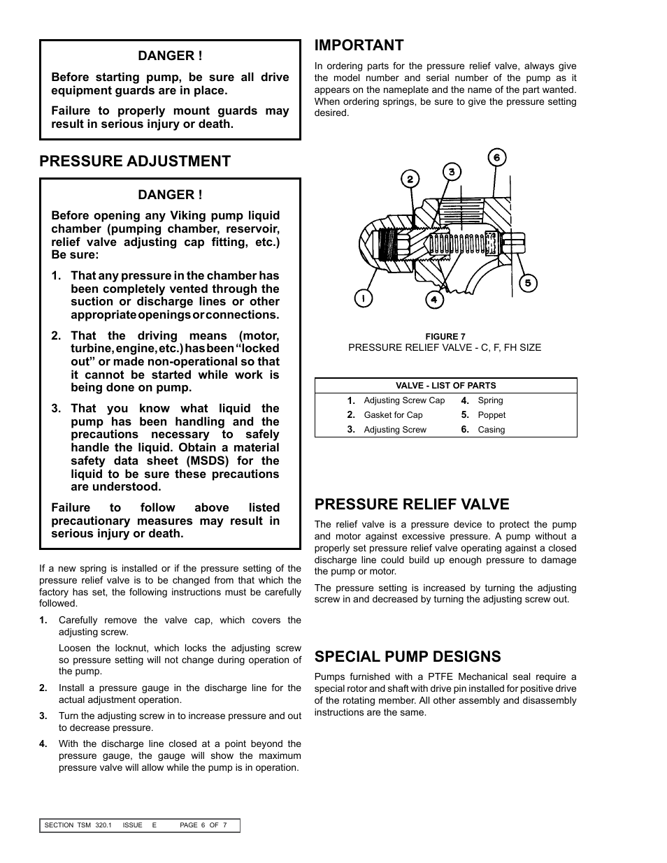 Special pump designs, Pressure adjustment, Important | Pressure relief valve | Viking Pump TSM320.1: C-FH 56/456 User Manual | Page 6 / 7