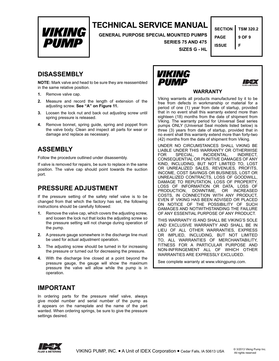 Technical service manual, Disassembly assembly, Pressure adjustment important | Viking Pump TSM320.2: GG-HL 75/475 User Manual | Page 9 / 9