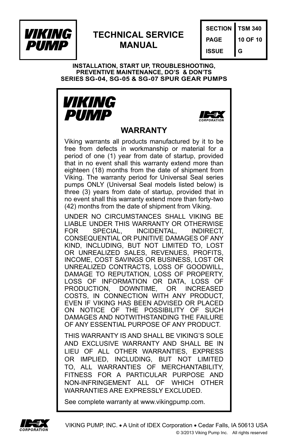 Technical service manual, Warranty | Viking Pump TSM340.0: SG-04, -05, -07 User Manual | Page 10 / 10