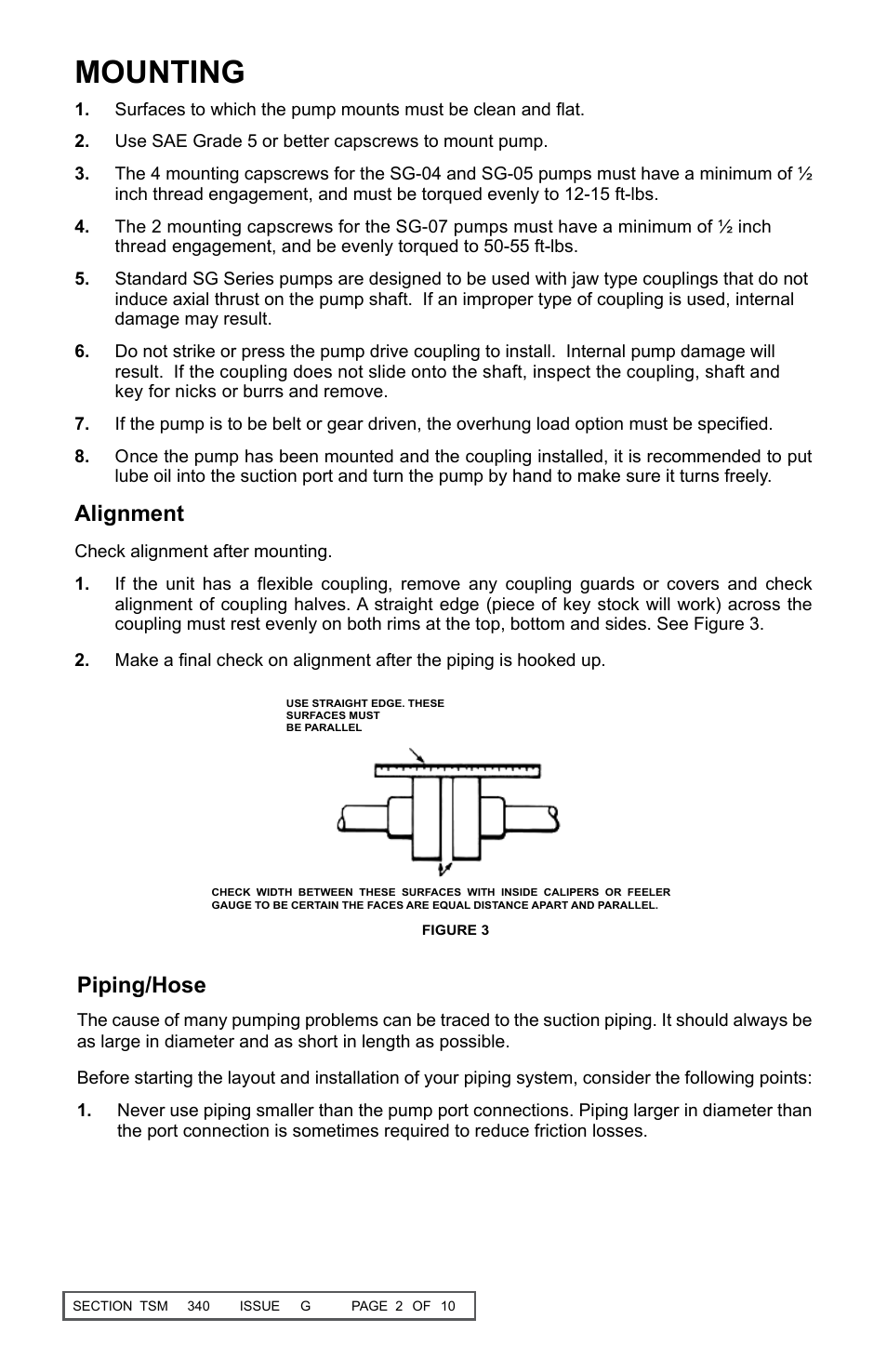 Mounting, Alignment, Piping/hose | Viking Pump TSM340.0: SG-04, -05, -07 User Manual | Page 2 / 10