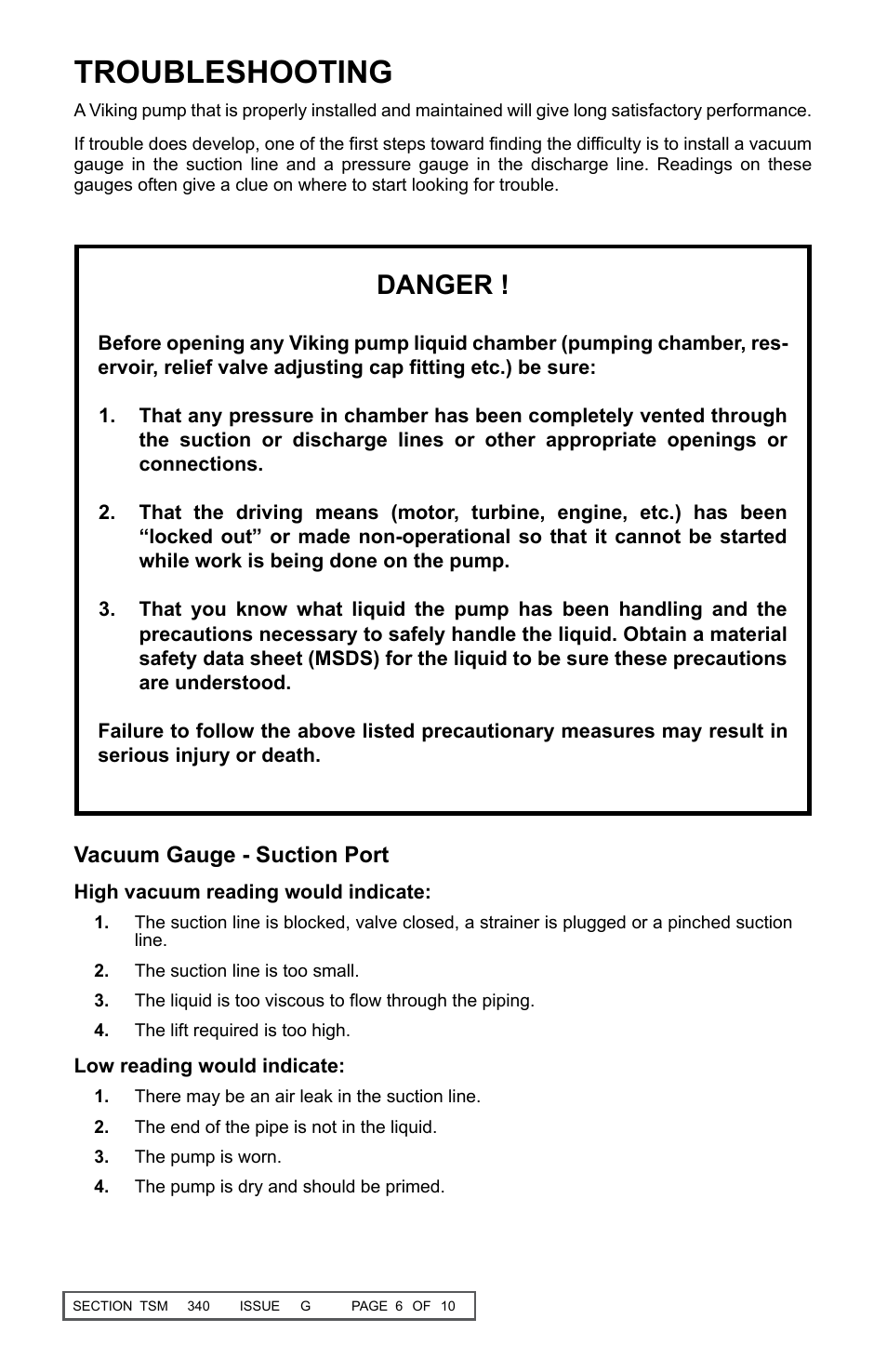 Troubleshooting, Danger, Vacuum gauge - suction port | Viking Pump TSM340.0: SG-04, -05, -07 User Manual | Page 6 / 10