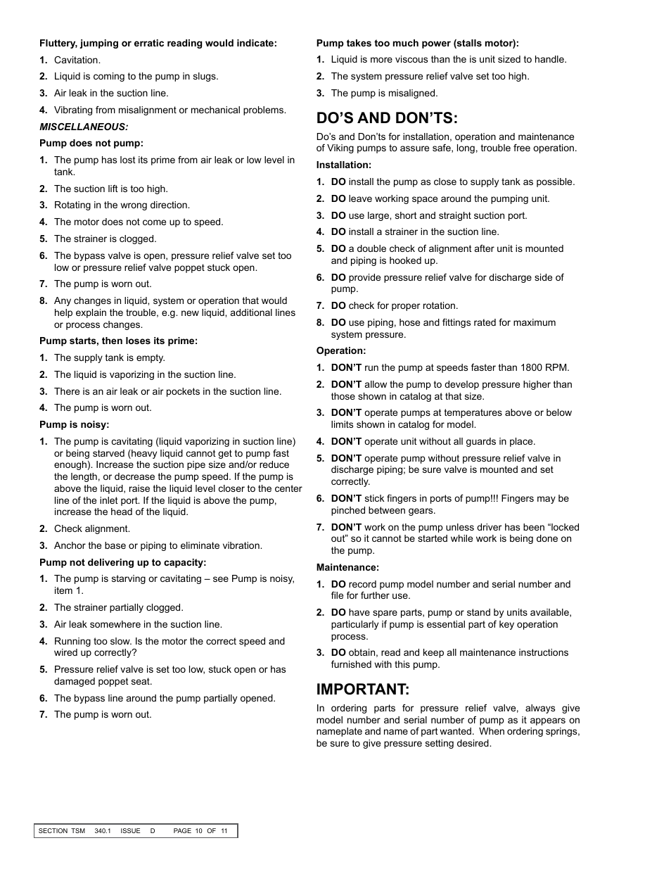 Do’s and don’ts, Important | Viking Pump TSM340.1: SG-10, SG-14 User Manual | Page 10 / 11