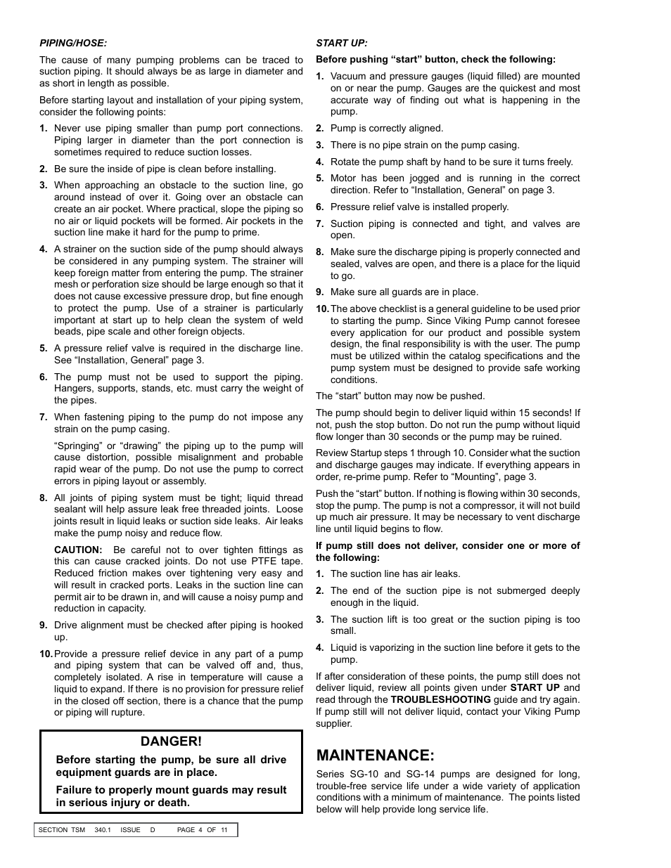 Maintenance, Danger | Viking Pump TSM340.1: SG-10, SG-14 User Manual | Page 4 / 11