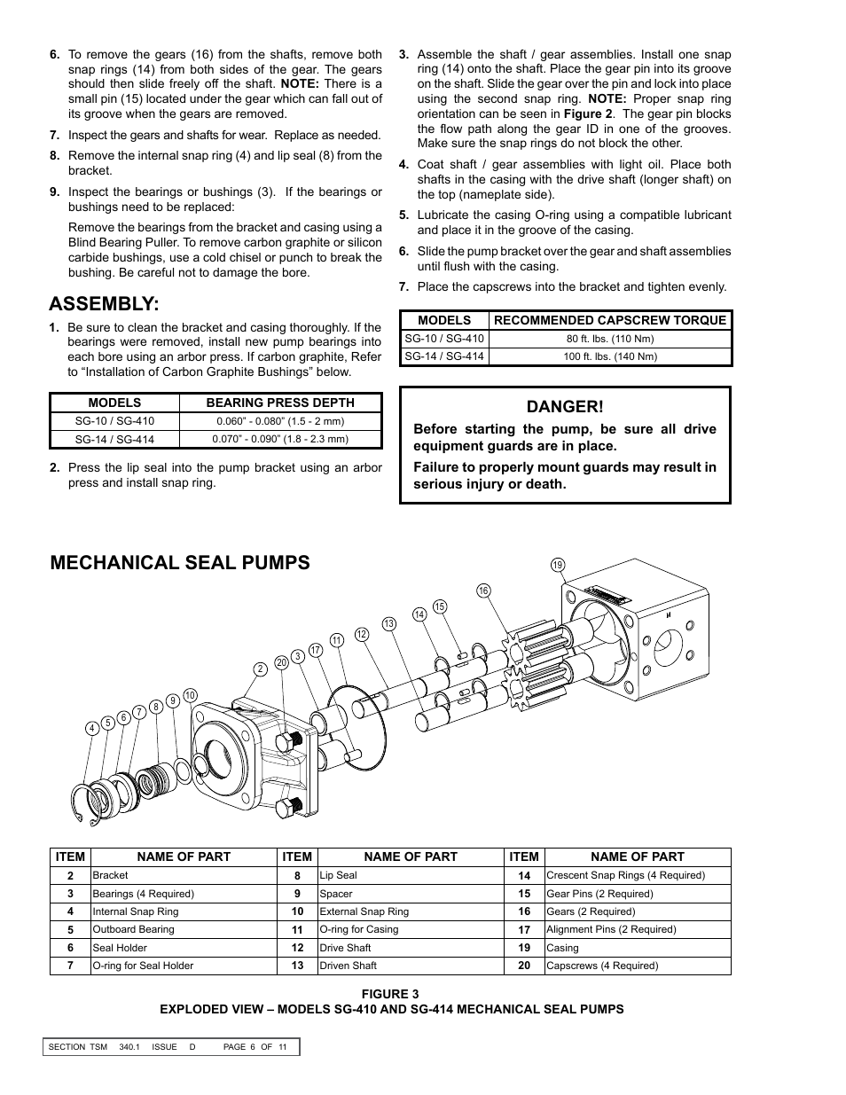 Assembly, Mechanical seal pumps, Danger | Viking Pump TSM340.1: SG-10, SG-14 User Manual | Page 6 / 11