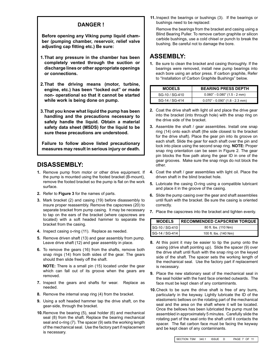 Disassembly, Assembly, Danger | Viking Pump TSM340.1: SG-10, SG-14 User Manual | Page 7 / 11